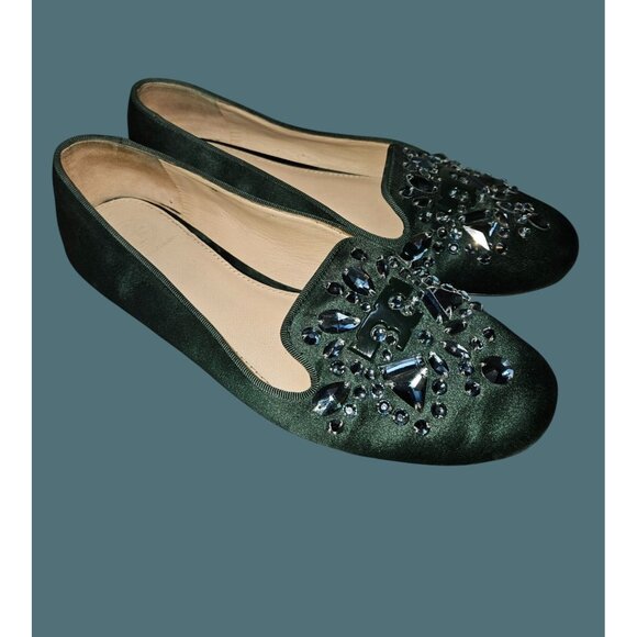Tory Burch Green Satin Delphine T Logo Embellished Ballet Flats Size 8M - Picture 7 of 14